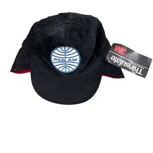 Vintage Pan Am Airways Insulated Trucker Hat 80s Black  Corduroy Earflaps Small